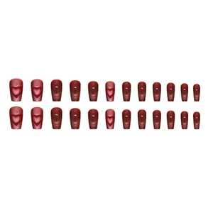 Sparkling cherry red cat eye press-on nails set with elegant heart designs and glossy finish