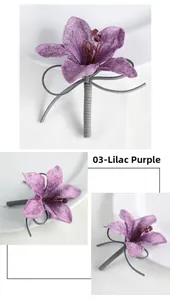 Detailed view of handmade lilac purple lily boutonniere with velvet petals and bead accents