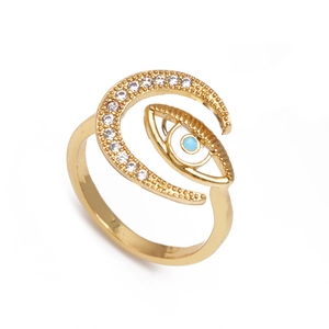 Adjustable golden evil eye and crescent moon open ring with blue micro-pave zircons