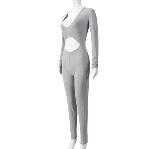 Detail of silver-grey ribbed knit bodysuit with deep V-neck and front waist cutout design