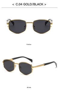 Detail view of gold metal frames and black lenses on vintage American diamond sun shades