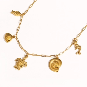 Golden mermaid and sea turtle ocean-themed multi-pendant necklace on white background