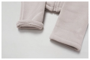 Detail of grey fleece jacket sleeve and zipper showing thick textured fabric