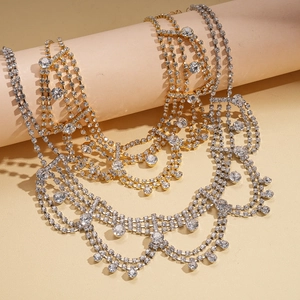 Luxury multi-layered rhinestone teardrop fringe necklaces in gold and silver finish