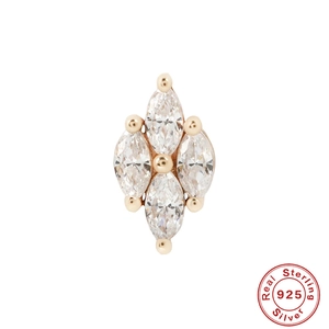 S925 sterling silver marquise cut diamond ear stud in gold with certification seal