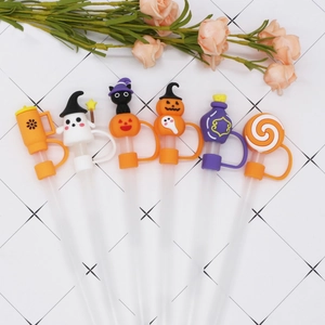 6-pack Halloween 10mm straw covers with ghost, pumpkin and black cat designs