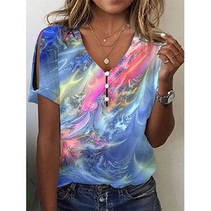 Women's summer V-neck tie-dye short sleeve T-shirt with hollow-out sleeve design