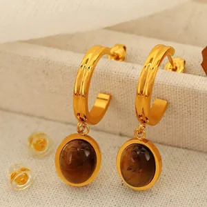 Eleganti orecchini a cerchio a C placcati oro 18K con pendenti in pietra occhio di tigre