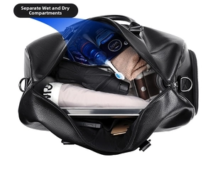 Macro shot of large travel bag interior with dry and wet separation and multiple compartments