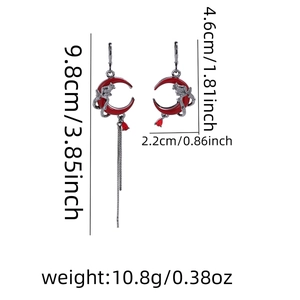 Detailed size and weight chart for red crescent moon fringe earrings in 9.8cm length