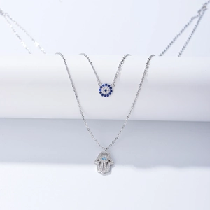 S925 silver double-layer Hamsa Hand and Evil Eye necklace with blue zircon crystals