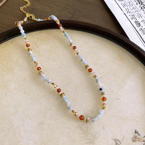 Handmade ethnic natural stone beaded necklace with adjustable gold chain and lobster clasp