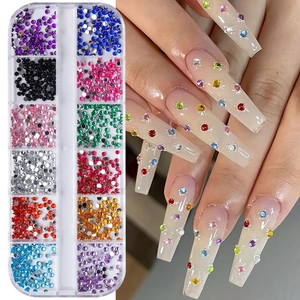 Professional 12-grid nail art rhinestone set with multi-color gems for DIY manicure