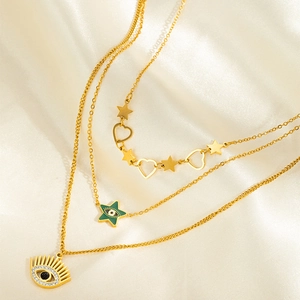 Collier multicouche doré en acier inoxydable avec pendentifs œil protecteur étoile et cœur