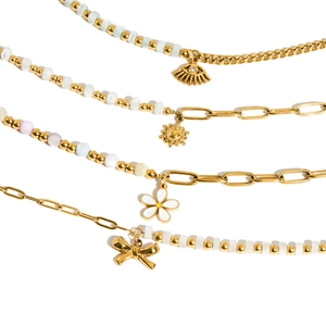 Bracelet en acier inoxydable plaqué or 18K avec breloques fleurs et œil du diable