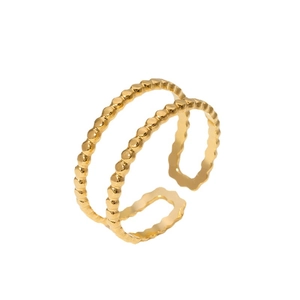 Minimalist double-layer beaded gold stainless steel open ring for women on white background