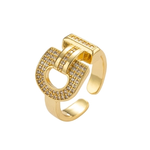 Golden horseshoe buckle ring with micro-paved zircons and adjustable open band design