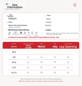 Size chart for brushed yoga shorts with fabric details and measurements from S to XL