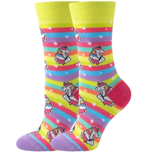 Unicorn pattern crew socks with rainbow stripes and colorful toe accents on white background