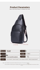 Detailed size specifications and material chart for black grain leather men's chest bag
