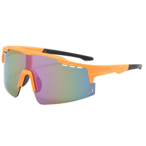 Close-up of orange cycling sunglasses featuring large iridescent windproof sport lenses