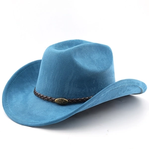 Detail of navy blue suede cowboy hat with braided leather band and metal bull emblem