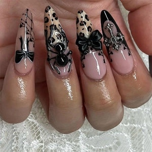 Unghie Finte Press On Gothic Y2K Rosa Nero Leopardo Stiletto 3D Fiocco Ragno Croce Decorazione Sweet Cool Donna