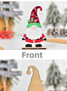 Front and back detail of a wooden Christmas gnome ornament with red plaid hat and base