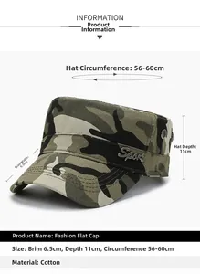 Detailed dimensions of the camo cadet hat with metal sport label and breathable vents