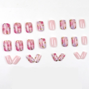 Pink and purple marble ombre press-on nails with gold foil flakes in square shape
