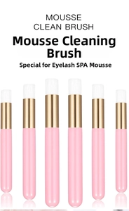 Set of 6 pink eyelash mousse cleaning brushes with soft white bristles for lash SPA