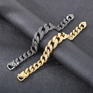Men Stainless Steel Cuban Link Bracelet Heavyweight Hammered Texture Retro Punk Industrial Jewelry Gift