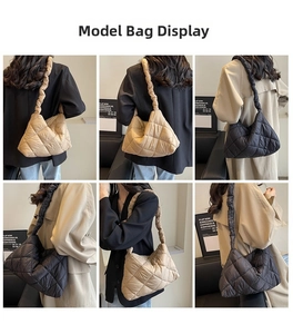 Multiple views of the quilted puffer shoulder bag in khaki and black with ruched straps