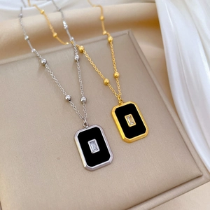 Minimalist square pendant titanium steel bead necklace in gold and silver finish