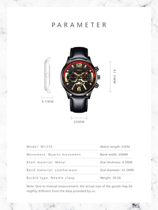 Detailed sizing chart and specifications for men's quartz watch with leather strap