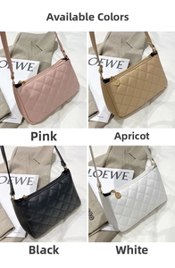 Quilted baguette bags in pink, apricot, black, and white with golden zipper details