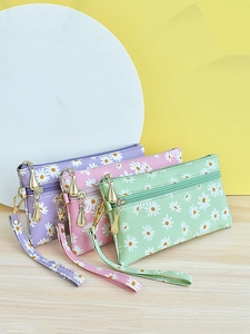 Daisy Print Wristlet Clutch Bag PU Leather Double Zipper Small Square Pouch For Phone And Coins Women