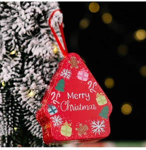 Close-up of red house-shaped Christmas tin box hanging on a snowy tree branch