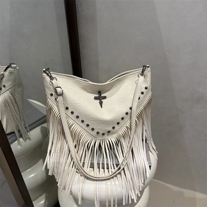 Women Vintage PU Leather Shoulder Bag Large Capacity Crossbody With Tassel Rivets And Cross Gothic Punk Style