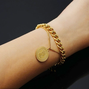 18K gold plated double layer Cuban chain bracelet with Elizabeth II coin pendant