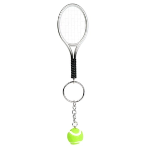 Detailed shot of mini tennis racket keychain with a silver frame and green felt ball