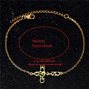 Detailed size chart for golden hollow cross bracelet with chain length and pendant measurements