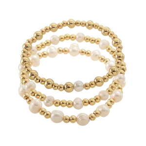 Handmade Baroque pearl and gold-plated bead bracelets in a 3-piece stretch stacking set