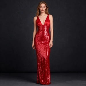 Detail of red sequined mermaid dress showing deep V-neck and satin splicing design