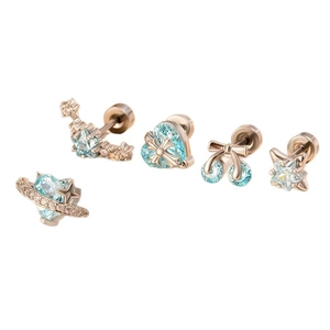 Five-piece gold titanium steel cartilage piercing set with light blue and clear zircons