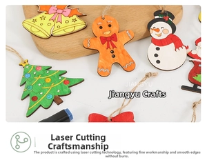 Detail of colorful laser-cut wooden Christmas ornaments with festive painted designs