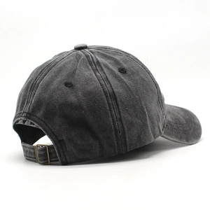 Charcoal grey washed cotton baseball cap with adjustable metal buckle, side-back view