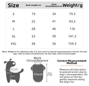 Size chart for winter dog clothes showing measurements for S to XXL sizes and dog dimensions