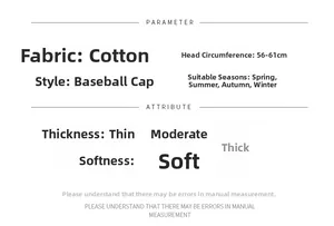 Detailed size chart for cotton baseball cap showing 56-61cm head circumference specs