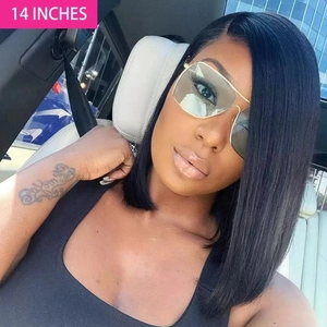 Short 14-inch black straight bob wig for women featuring natural lace front styling